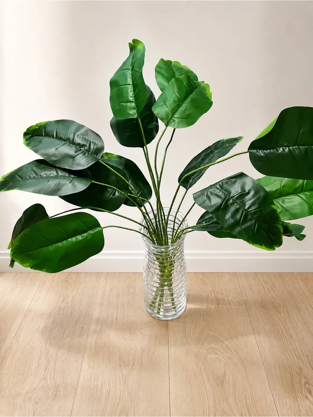 Faux Tropical Leaf Arrangement in Clear Glass Vase 🌿